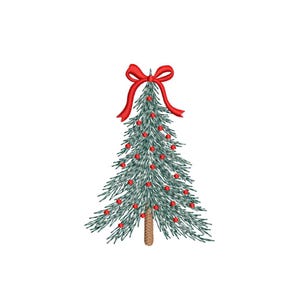May include: An embroidered Christmas tree design. The tree is green with red ornaments and a red bow at the top. The trunk is brown. The design is on a white background.