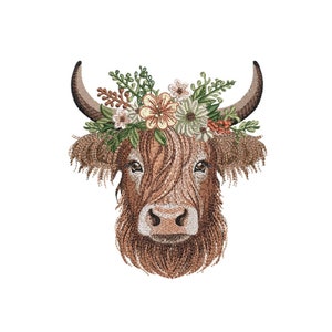 May include: Embroidered illustration of a brown Highland cow wearing a floral crown. The crown is made of white, pink, and yellow flowers with green leaves.