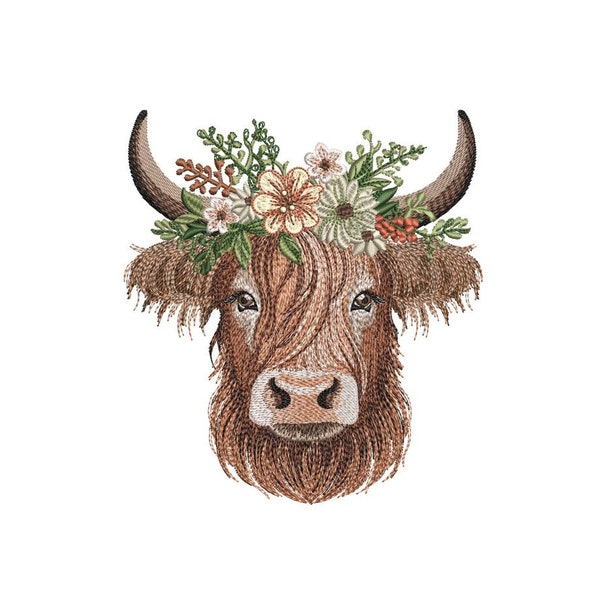 Diseño de bordado de vaca Highland, archivo de bordado de máquina de animales de granja, 3 tamaños, descarga instantánea