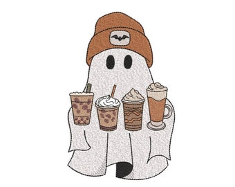 Ghost with Coffee Embroidery Design Halloween Machine Embroidery File Instant Download Spooky Fall Autumn Decor Ghost Pattern Hoops 5x7 6x10
