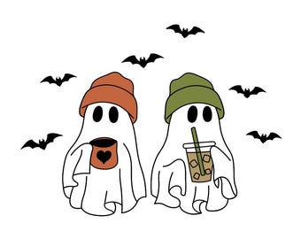 Cute Ghost Drinking Coffee PNG Halloween Fall Coffee Ghost With Coffee Spooky Coffee Lovers Cute Ghost Clipart Sublimation Halloween Gift