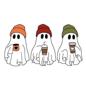 Cute Ghost Drinking Coffee PNG Halloween Ghost Clipart Fall Coffee Lover Sublimation Digital Download Spooky Cute Halloween Gift Art
