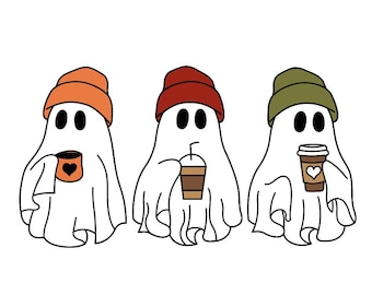 Cute Ghost Drinking Coffee PNG Halloween Ghost Clipart Fall Coffee Lover Sublimation Digital Download Spooky Cute Halloween Gift Art