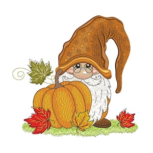 Fall Gnome with Pumpkin Embroidery Design, Autumn Gnome Machine Embroidery File, 4 sizes, Instant Download