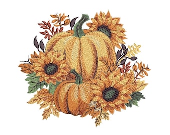 Floral Pumpkin Embroidery Design, Autumn Embroidery File, Thanksgiving Embroidery Design, 3 sizes, Instant Download