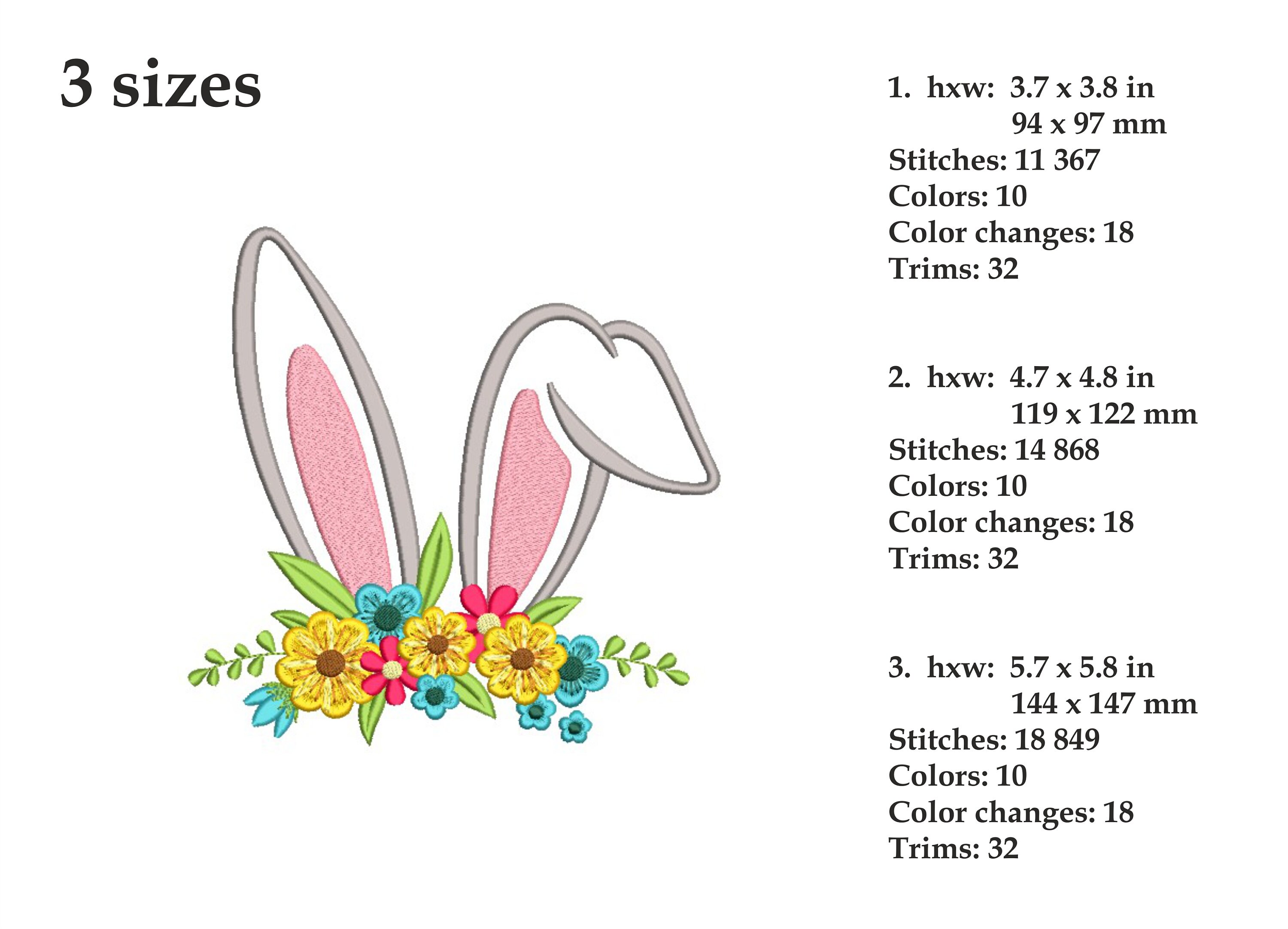 Floral Bunny Ears Embroidery File 3 Sizes Instant Download - Etsy