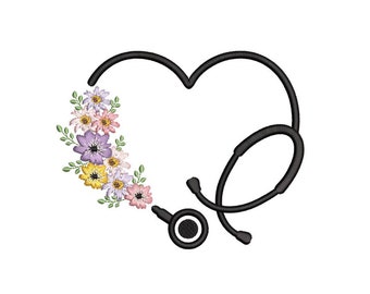 Puede incluir: Ilustración en blanco y negro de un estetoscopio en forma de corazón con un diseño floral en el lado izquierdo.