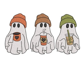 Spooky Ghost With Coffee Embroidery Design, Ghost Coffee Halloween Embroidery Design, Ghost Drinking Coffee Embroidery Design, 4 sizes