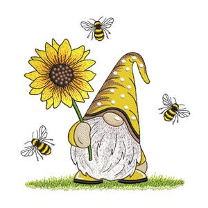 Bee Gnome with a Sunflower Embroidery Design, 4 sizes, Instant Download