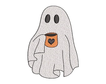 Diseño de bordado de fantasma con taza de café, archivo de bordado a máquina de Halloween de 4 x 4, 5 x 7 pulgadas, descarga instantánea, arte fantasmal espeluznante y acogedor.
