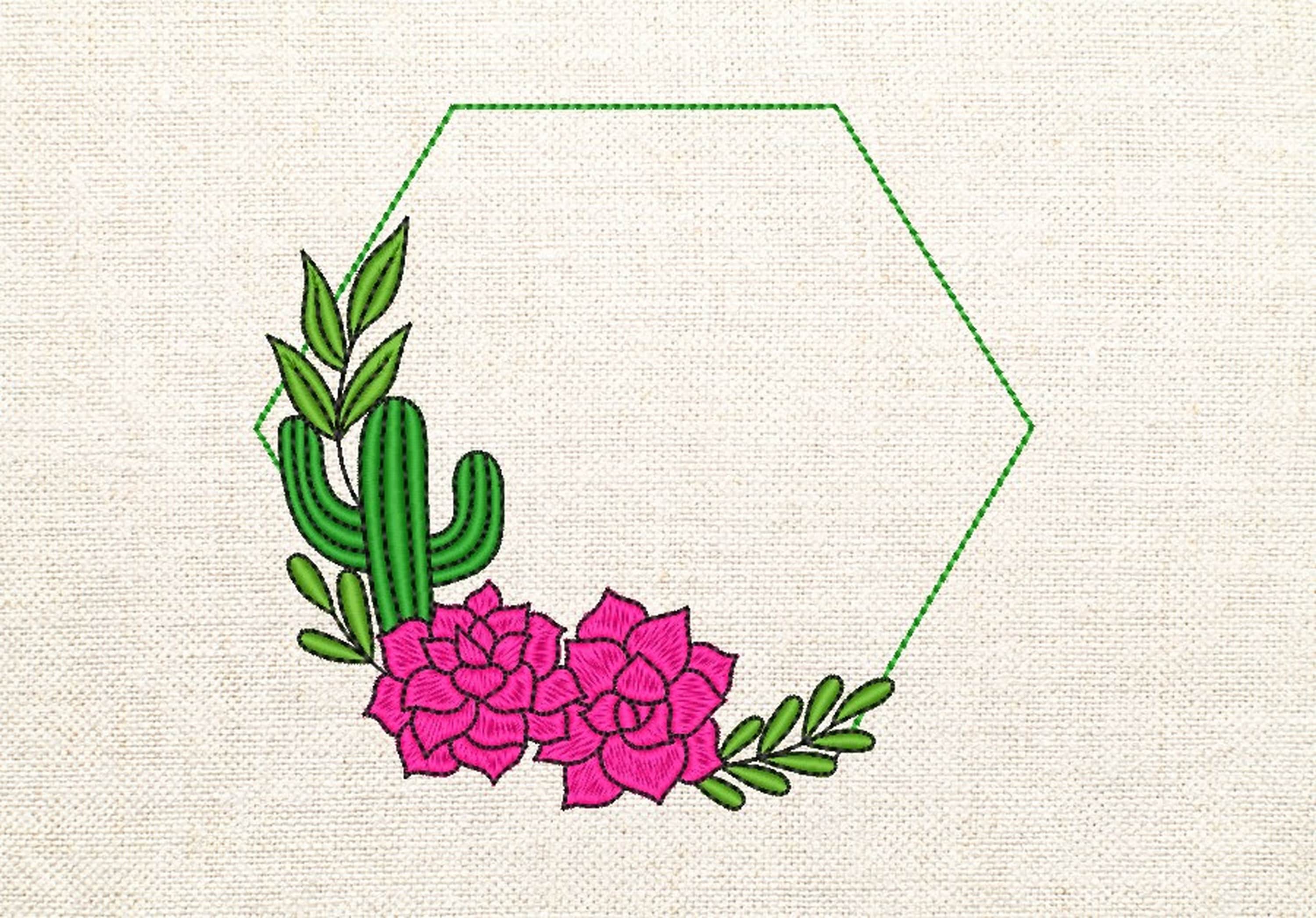 S.O様 Cactus Frame Embroidery Design, Machine Embroidery Design, 4 Sizes