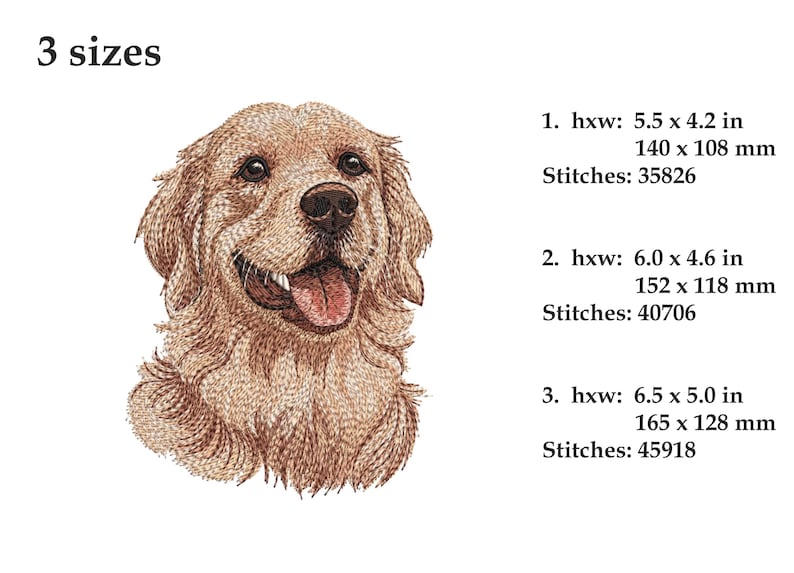 May include: An embroidered design of a Golden Retriever's head, showcasing its fur and facial features. The image includes size options: 140 x 108 mm, 152 x 118 mm, and 165 x 128 mm, with stitch counts provided.