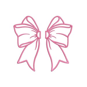 May include: A pink embroidered bow design, split into two symmetrical halves. The bow features detailed stitching, with loops and a central knot detail. The design is set against a clean white background, highlighting the delicate pink color.