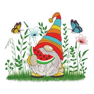 Summer Gnome Machine Embroidery Design, 4 sizes, Instant Download