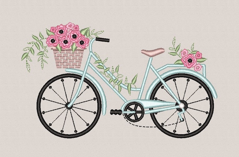 Bicycle Machine Embroidery Design With Flower Basket Etsy