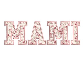 May include: The word "MAMI" is spelled out in pink outlined letters with a floral pattern inside each letter.