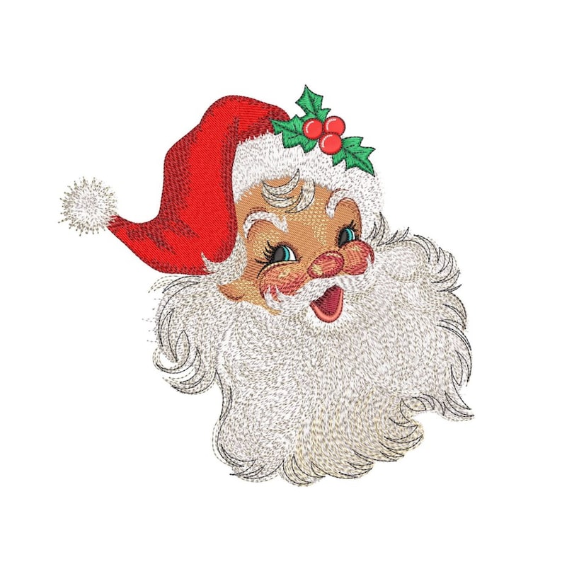 May include: A smiling Santa Claus face with a red hat and white beard. He is wearing a green holly sprig with red berries on his hat.