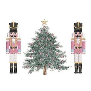 May include: An embroidered design featuring a Christmas tree with pink baubles and a gold star topper, flanked by two pink and black nutcracker figures. The nutcrackers have gold accents and black boots.