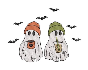 Spooky Ghosts With Coffee Embroidery Design Ghosts Coffee Halloween Machine Embroidery File For 5x7 6x10 Hoops Cute Spooky Stitch Pattern