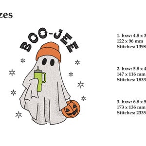 May include: A white ghost wearing an orange hat and holding a green cup and a jack-o'-lantern. The ghost is surrounded by stars and the text "BOO-JE" is above the ghost. The image shows three different sizes of the design, with the dimensions and stitch counts listed below.