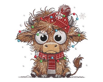 Christmas Highland Cow with Christmas Lights Embroidery Design, Farm Animal Embroidery File, 3 Sizes, Instant Download