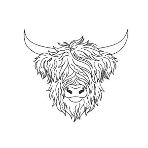 May include: Line drawing of a Highland cow's head with fluffy fur and large horns.