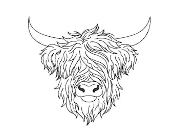 Diseño de bordado de vaca Highland, archivo de bordado de máquina de vaca escocesa, 3 tamaños, descarga instantánea