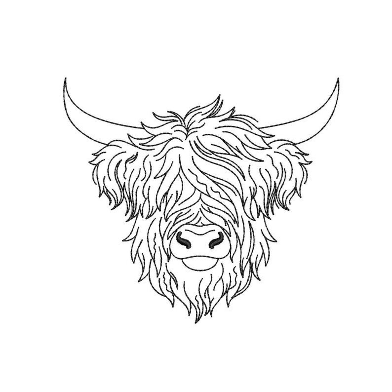 May include: Line drawing of a Highland cow's head with fluffy fur and large horns.