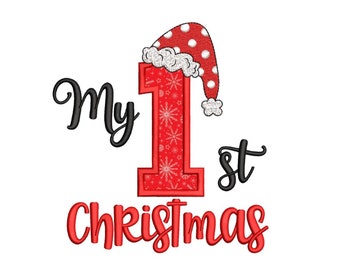 May include: Red and white Christmas themed embroidery design with the text "My 1st Christmas" and a number one with a Santa hat.