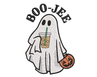 Boo-Jee Ghost with Iced Coffee Embroidery Design Halloween Machine Embroidery File 5x7 6x10 8x8 Hoops Instant Download Spooky Cute Pattern