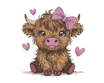 Borduurontwerp baby Highland Cow, borduurbestand boerderijdieren, 3 maten, Instant Download