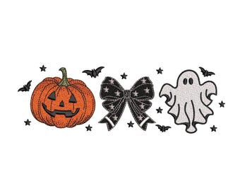 Pumpkin Embroidery Design, Halloween Coquette Bow Embroidery Design, Ghost embroidery File, 3 sizes, Instant Download