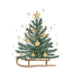 May include: A green Christmas tree with gold ornaments and a star topper, set on a brown sled. Gold star-shaped accents are scattered around the tree. The image is set against a white background.