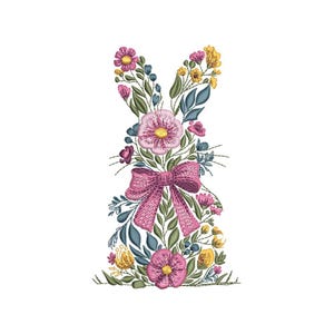 May include: Embroidered floral design in the shape of a bunny rabbit with a pink bow. The design features pink, yellow, and blue flowers with green leaves.