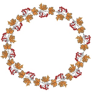 Puede incluir: Una corona hecha de hojas marrones y bayas rojas. La corona es circular y tiene un fondo blanco.