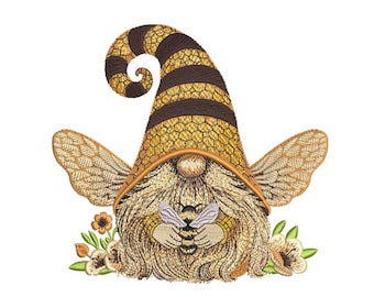 May include: Embroidered gnome with bee wings, a honeycomb hat, and a bee in its hands. The gnome is surrounded by yellow flowers.