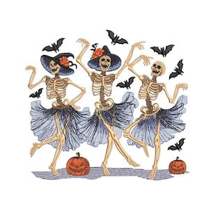 May include: Three skeleton figures wearing witch hats and tutus dance with bats flying around them.  Pumpkins with jack-o-lantern faces are on either side of the skeletons.