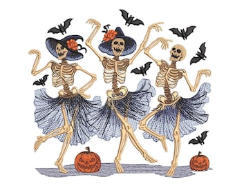 Diseño de bordado de esqueletos danzantes, diseño de bordado de brujas de Halloween, 3 tamaños, descarga instantánea