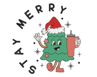 May include: A green Christmas tree cartoon character wearing a red Santa hat and holding a red and white cup with a straw. The text "Stay Merry" is written in a circle around the character.