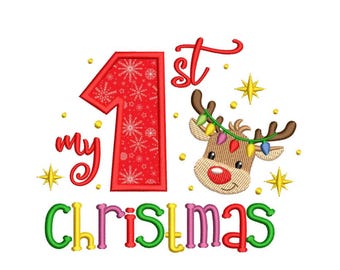 My First Christmas Reindeer Applique Embroidery Design, 5 Sizes, Instant Download