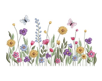 May include: Embroidered design of a field of wildflowers with butterflies. The flowers are in shades of pink, purple, yellow, and blue. The butterflies are white and pink.