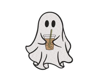 Ghost with Iced Coffee Embroidery Design, Halloween Machine Embroidery Design, 4 sizes, Instant Download