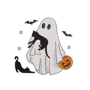 猫と幽霊の刺繍デザイン、ハロウィーンの機械刺繍デザイン、黒猫と幽霊の刺繍デザイン、3 つのサイズ、即時ダウンロード