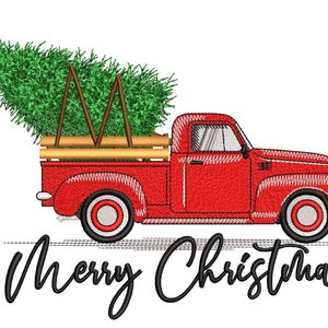 Merry Christmas Truck Embroidery Design, Christmas Tree Embroidery File, 4 sizes, Instant Download