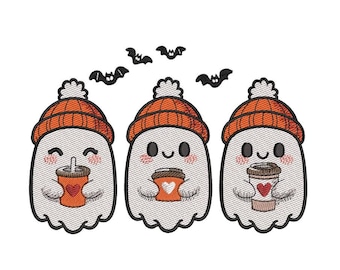 Cute Ghosts with Coffee Embroidery Design Halloween Ghost Drinking Coffee Machine Embroidery File for Towels Bags Shirts 4 Sizes Download