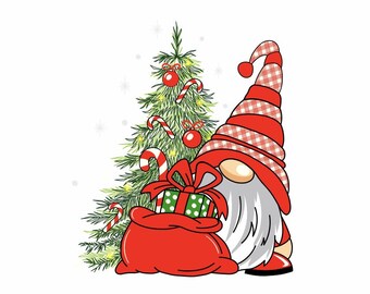 May include: A Christmas gnome with a red and white checkered hat and a long white beard stands next to a decorated Christmas tree. The gnome holds a red sack filled with a green gift box with white polka dots.