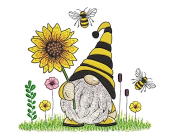 May include: A yellow and black striped gnome with a long pointed hat holds a yellow sunflower. Two yellow and black bees are flying near the gnome and sunflower. The gnome is standing in a field of green grass with yellow and pink flowers.