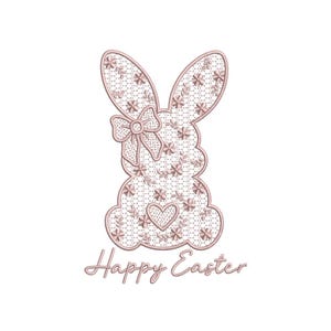Könnte beinhalten: Ein rosa Spitzenhase mit Schleife und dem Text "Frohe Ostern" auf weißem Hintergrund.