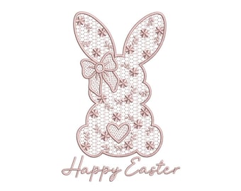 レースのイースターバニー刺繍デザイン、4 サイズ、即時ダウンロード