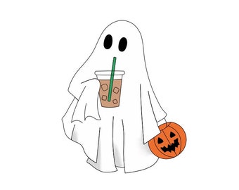 Cute Ghost Drinking Coffee Png, Ghost Ice Coffee png, Halloween Ghost Png, Halloween Ghost Png, Ghost Png, Stay Spooky Png